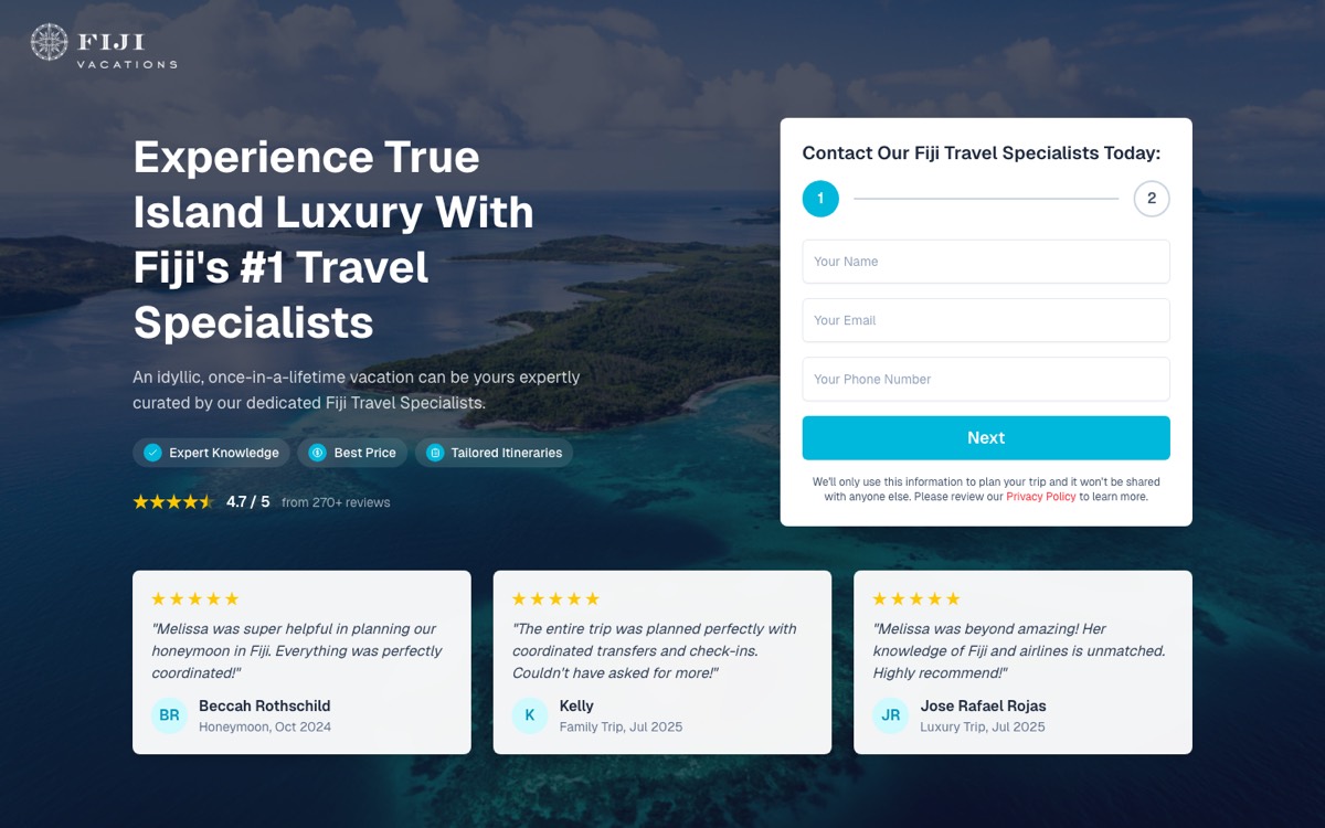 Fiji Vacations website built and optimized by Growth Wire